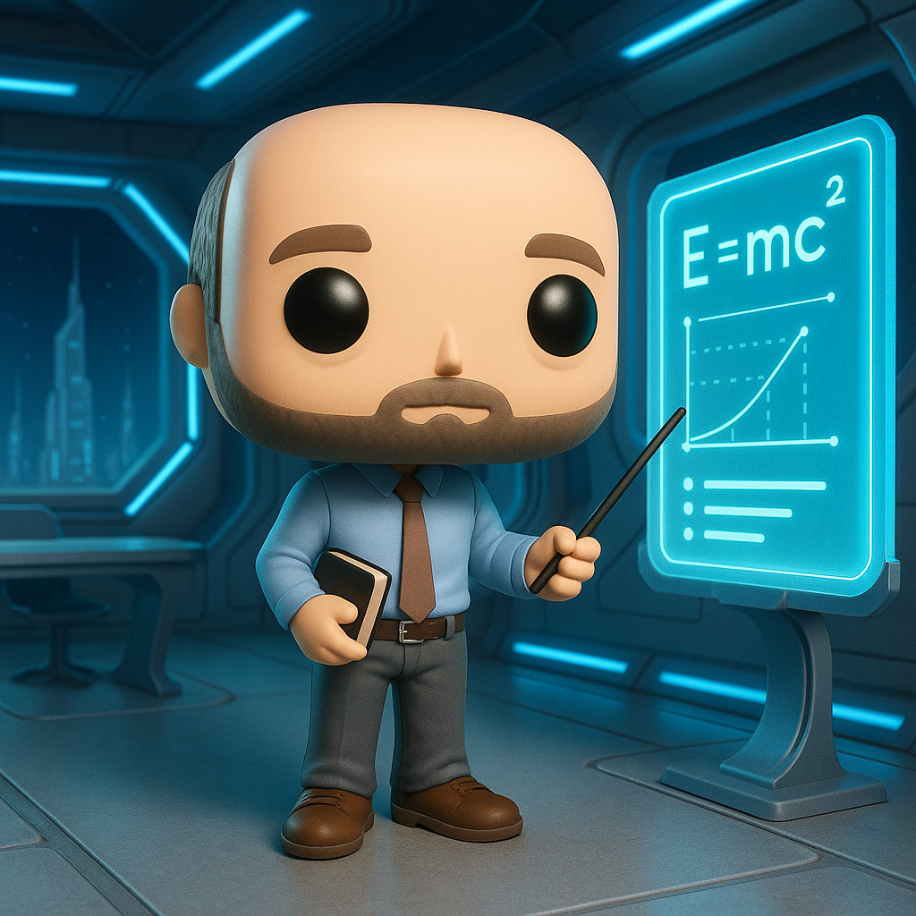 Funko-figuur van Paul die lesgeeft bij een scherm met E=mc²